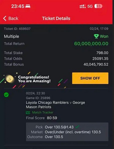 Nigerian Man Wins ₦60 million Bet With ₦798 Stake On SportyBet